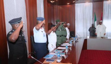 President Buhari meeting Service Chiefs at Aso Rock Villa, receives security briefing
