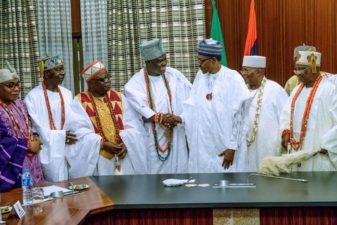 Politicians who fear their persons, policies can’t win elections may resort to violence, says Buhari as Ooni, Deji of Akure, Alake, others visit Villa