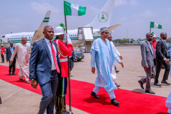 PHOTOS: President Muhammadu Buhari, family, aides return to Abuja after voting in country home of Daura