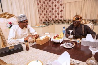 PHOTO NEWS: Nigeria’s President Muhammadu Buhari breaks Ramadan fast with ruling APC National Leader, Asiwaju Bola Ahmed Tinubu at Villa