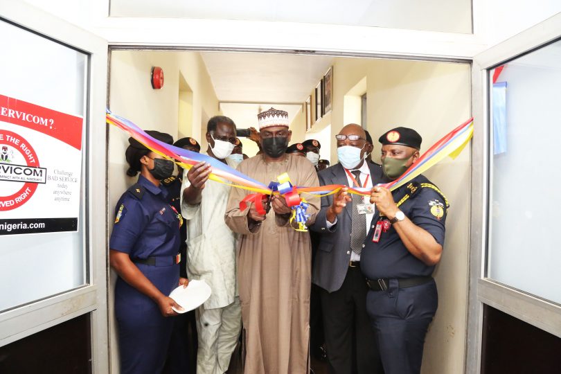 The-Permanent-Secretary-State-House-Tijjani-Umar-third-from-right-and-Controller-General-of-Federal-Fire-Service-Liman-Ibrahim-right-inaugurates-the-State-House-Fire-Centre-November-18-2021.-Abuja-scaled.jpg